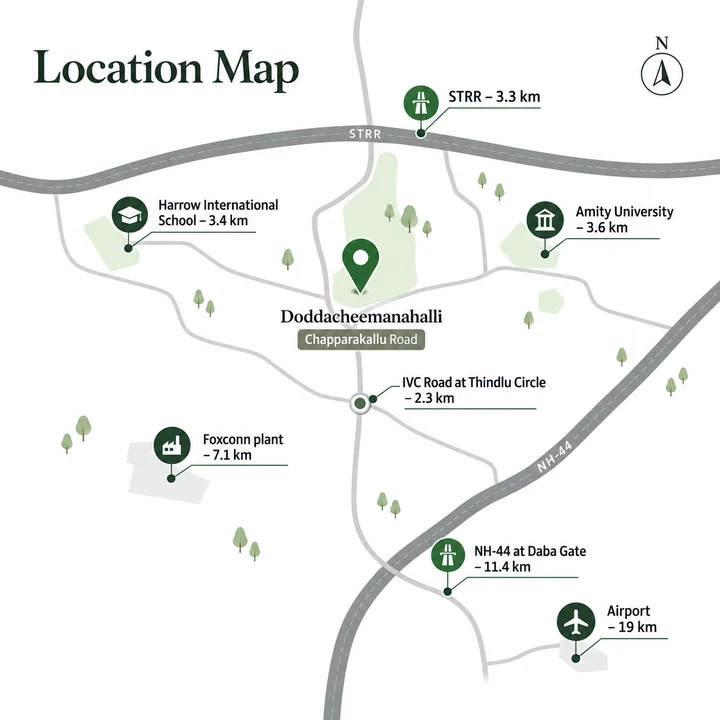 Assetz City of Palms location map, Doddacheemanahalli on Chapparakallu Road between the STRR and IVC Road Assetz City of Palms location map, Doddacheemanahalli on Chapparakallu Road between the STRR and IVC Road